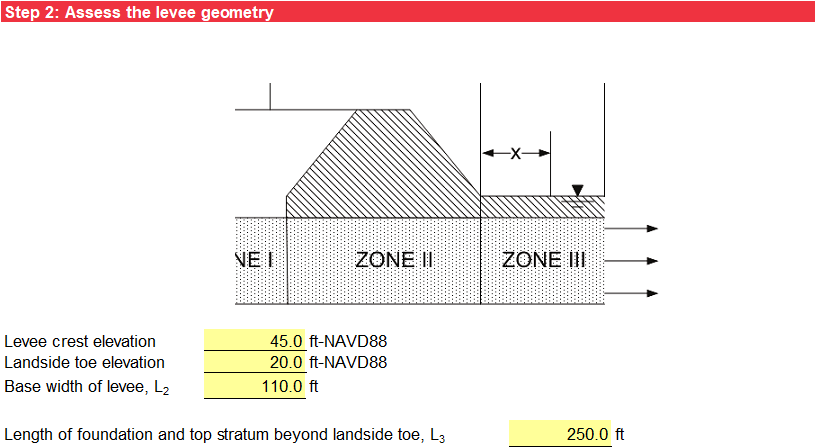Step 2 of BT Case 4 worksheet: Levee geometry.